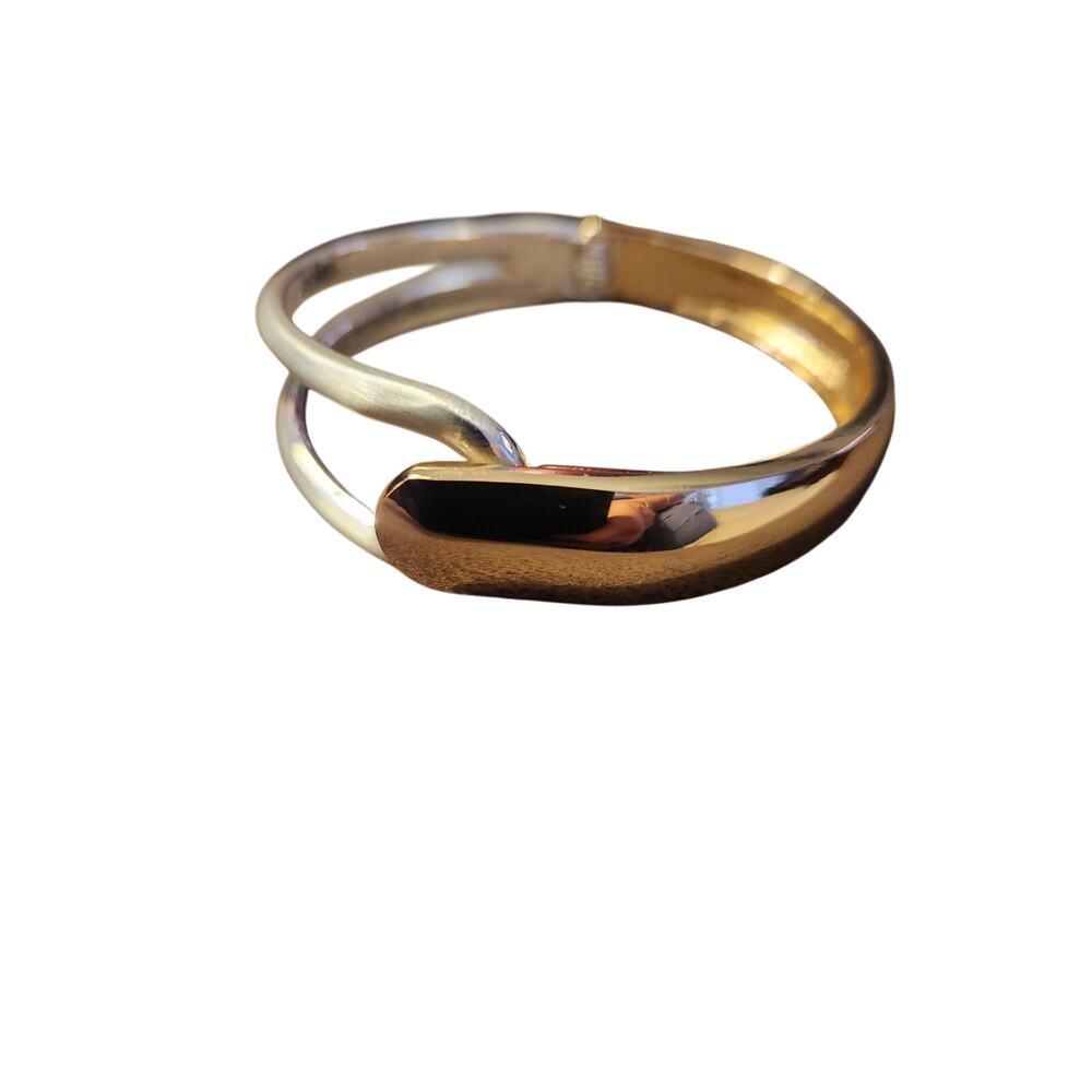 Silver Gold Tone Hinged Cuff Bracelet Mixed Metal Minimalist Sculptural Bangle